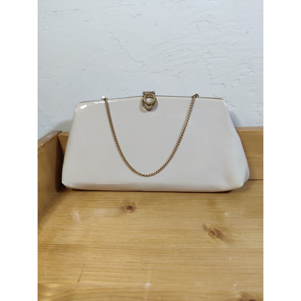 Vintage HL USA Purse Ivory Patent Leather Goldtone Chain Strap ~10x5" Signed